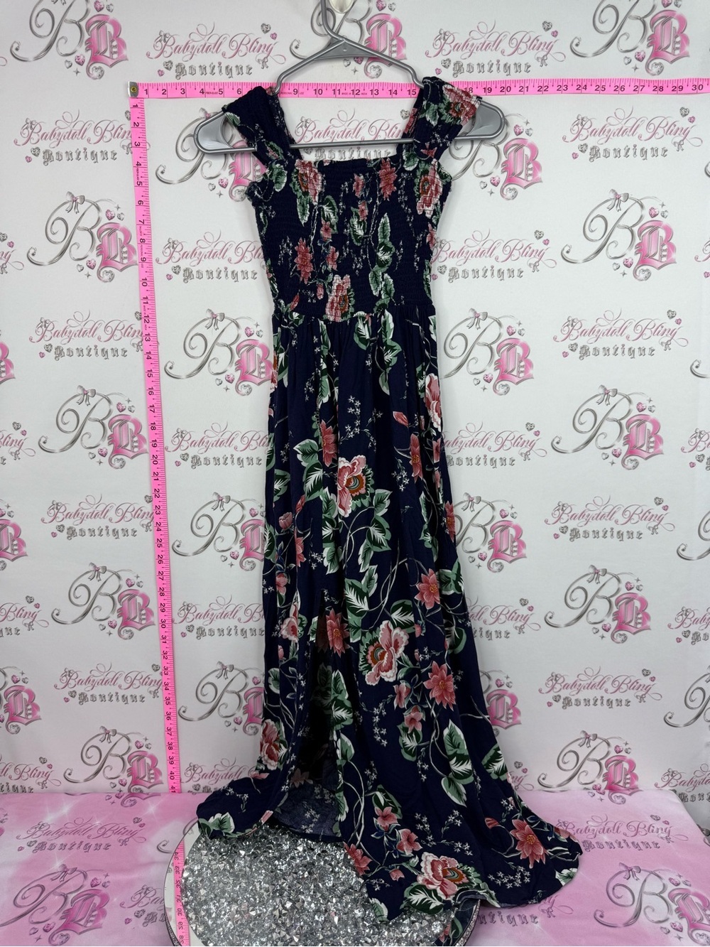 Japna dress long Navy Floral Maxi Dress with Pink & Green Accents